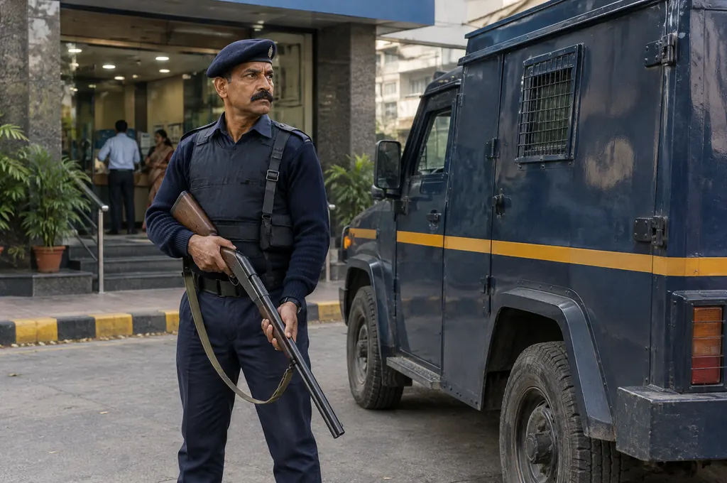 Armed gunman security guard with a shotgun standing beside a cash van outside a bank branch