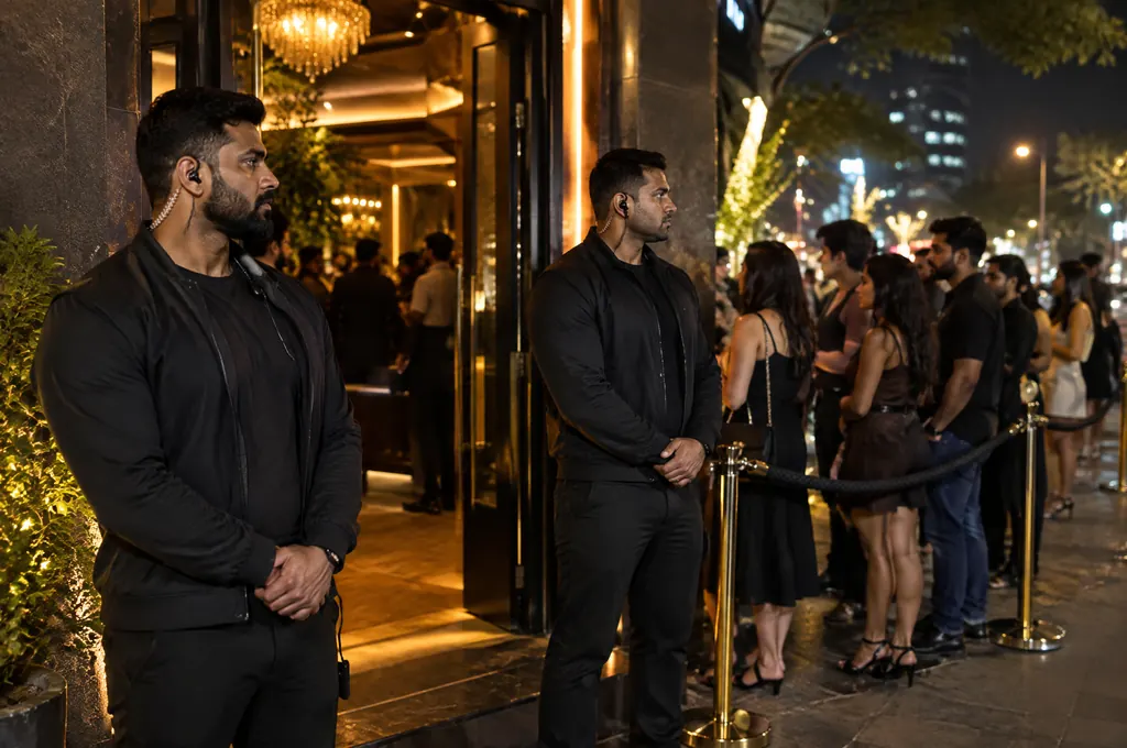 Two professional bouncers at the entrance of a busy pub in Bangalore managing the guest queue