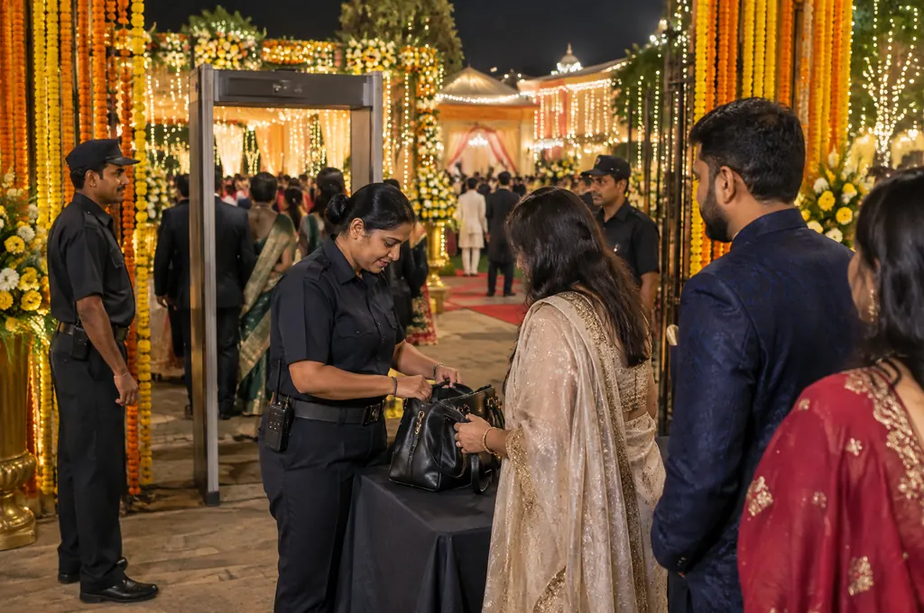 Event security staff checking guests' bags at the decorated entry gate of an Indian wedding venue