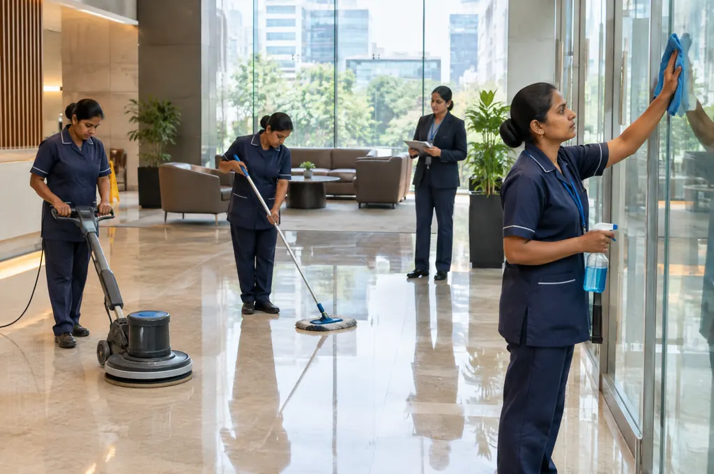 Supervised housekeeping in a corporate office lobby Housekeeping staff cleaning the floor and glass of a modern office lobby in Bangalore with a supervisor