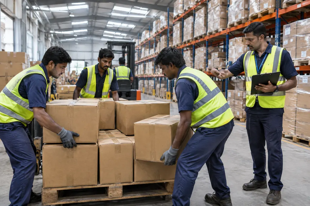 Warehouse helpers in safety vests loading cartons onto a pallet under a supervisor near Bangalore