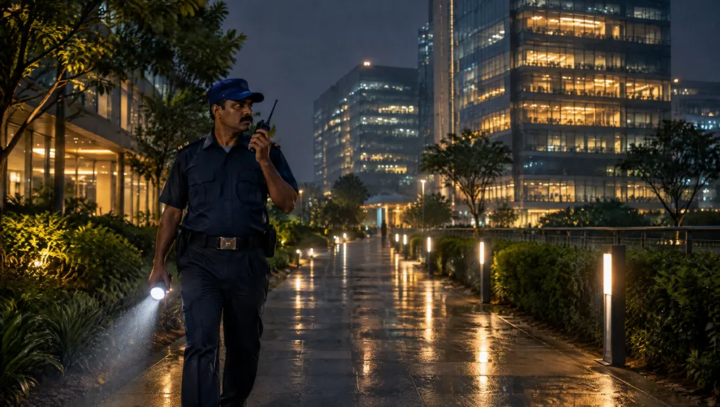 Security guard on night patrol with a torch and walkie-talkie at a Bangalore tech park