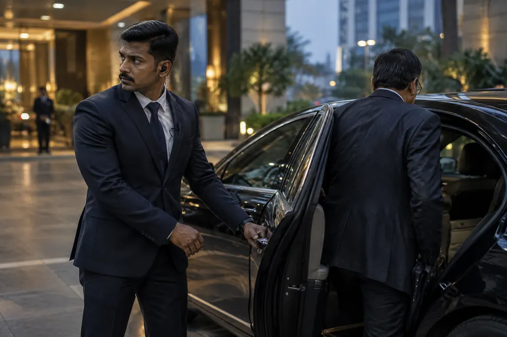 Close protection during executive movement Personal bodyguard in a dark suit opening a car door for a business executive at a Bangalore hotel