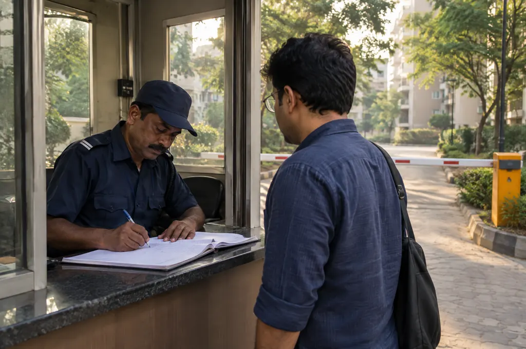 Visitor management at a gated community entrance Security guard in navy uniform recording a visitor entry at a gated apartment security cabin in Bangalore