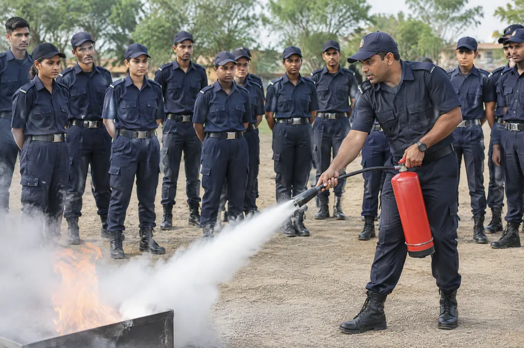 Fire-safety training for new security staff Security guard trainees watching an instructor demonstrate fire extinguisher use during training