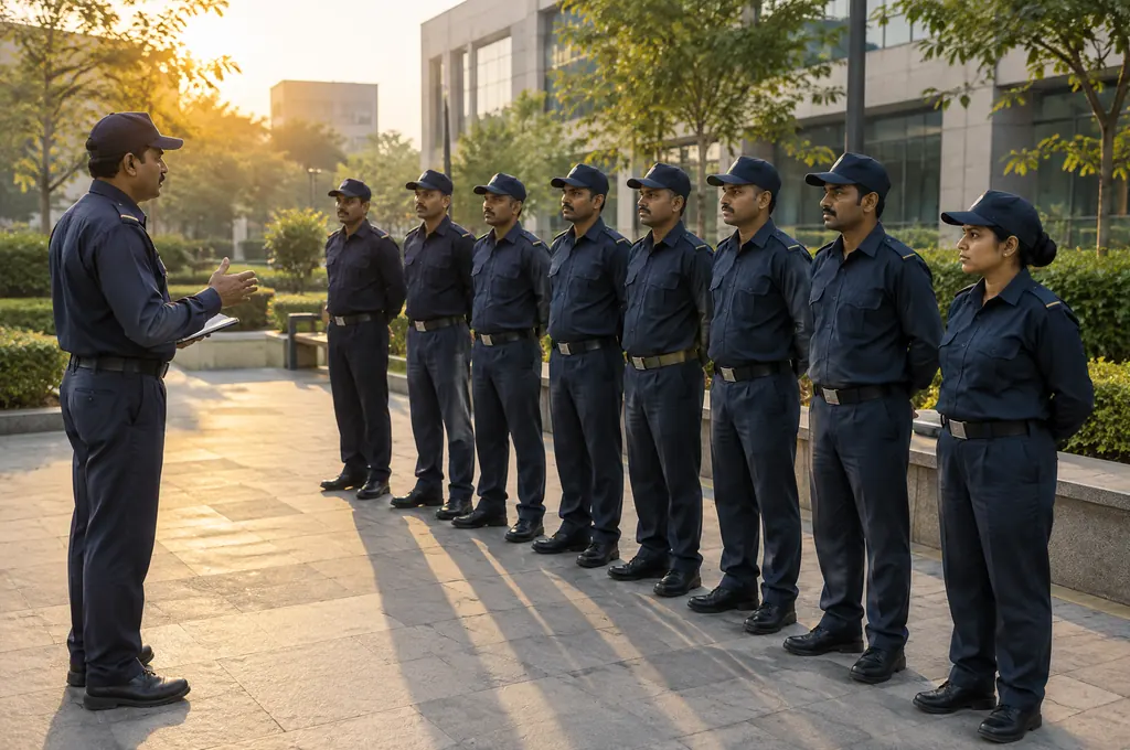 Morning roll-call and shift briefing Supervisor briefing a line of uniformed security guards during morning roll-call and shift handover